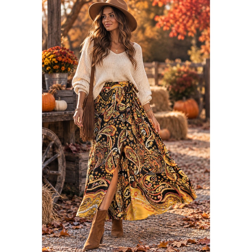New York & Company Wrap Maxi Skirt Medium Black Orange Paisley Floral Boho #1660